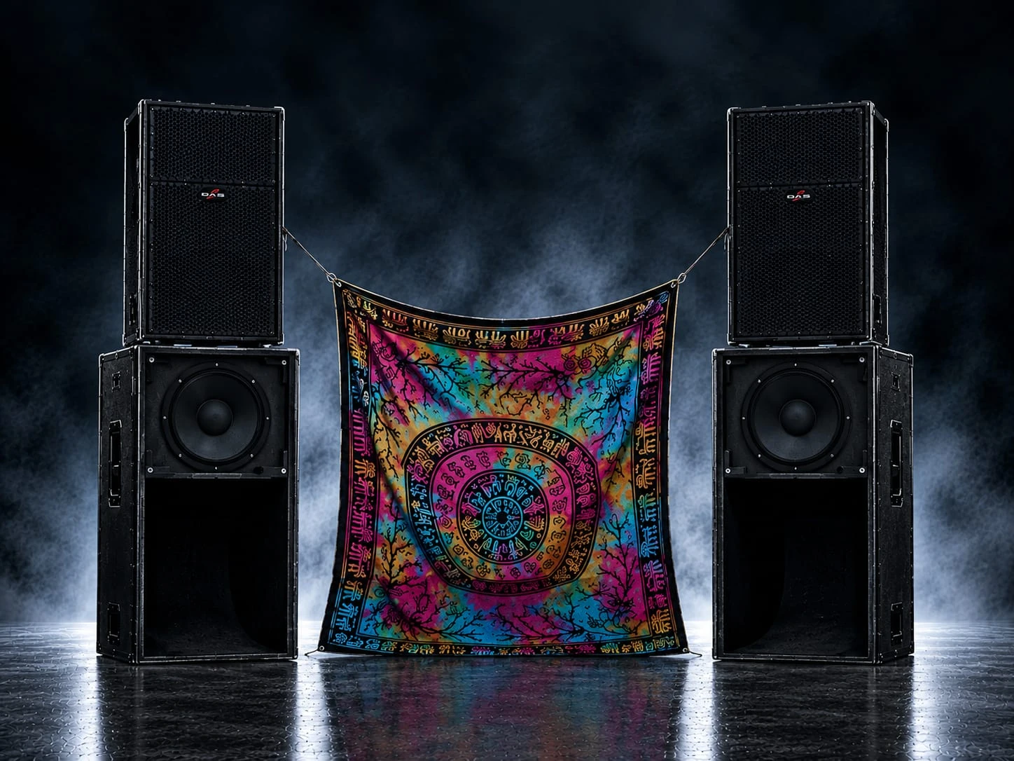 Impianto audio DAS: due colonne con un top DAS RF-215 e un sub scoop da 15" ciascuna